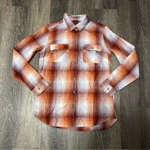 Eddie Bauer Women's Orange Tartan Plaid Flannel Button up Long Sleeve Size Small